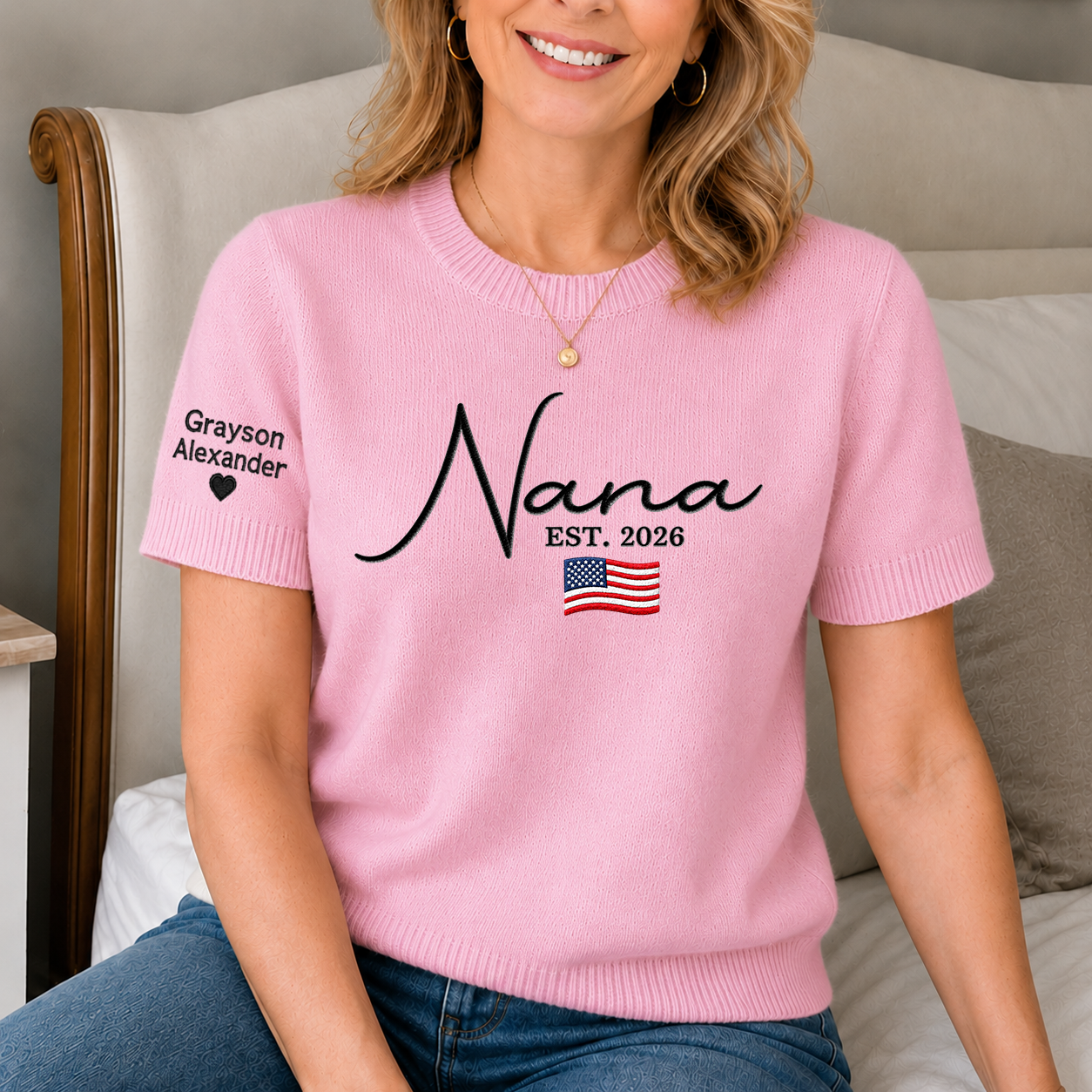 Embroidered Nana Knit Sweater, Personalized Puff Sleeve Crewneck, Custom Sleeve Names, American Flag Grandma Gift