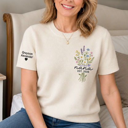 Custom Embroidered Knit Nana Sweater – Personalized Wildflower Bouquet EST. 2026 Crewneck with Sleeve Name