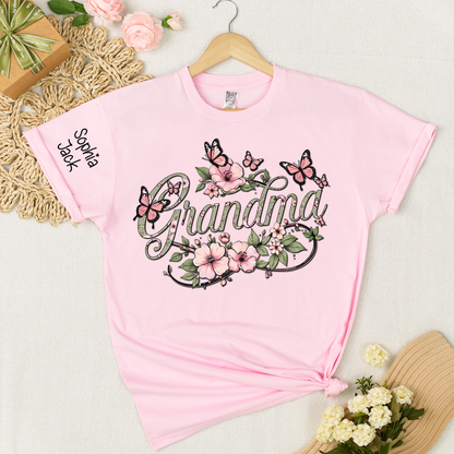 Personalized Floral Grandma Shirt with Custom Name - Custom Butterfly Floral T-shirt for Grandmother Gift