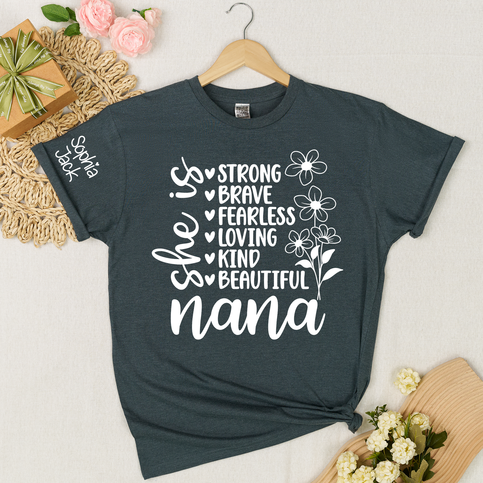 Personalized "She Is Strong, Brave, Fearless, Loving, Kind, Beautiful" T-Shirt – Custom Nana, Mimi, Grandma, Gigi Shirts, Perfect Gift for Mother’s Day, Birthday