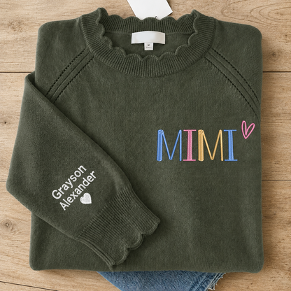 Embroidered Mimi Knit Sweater, Personalized Crewneck, Custom Sleeve Names and Heart, Grandma Gift Ideas