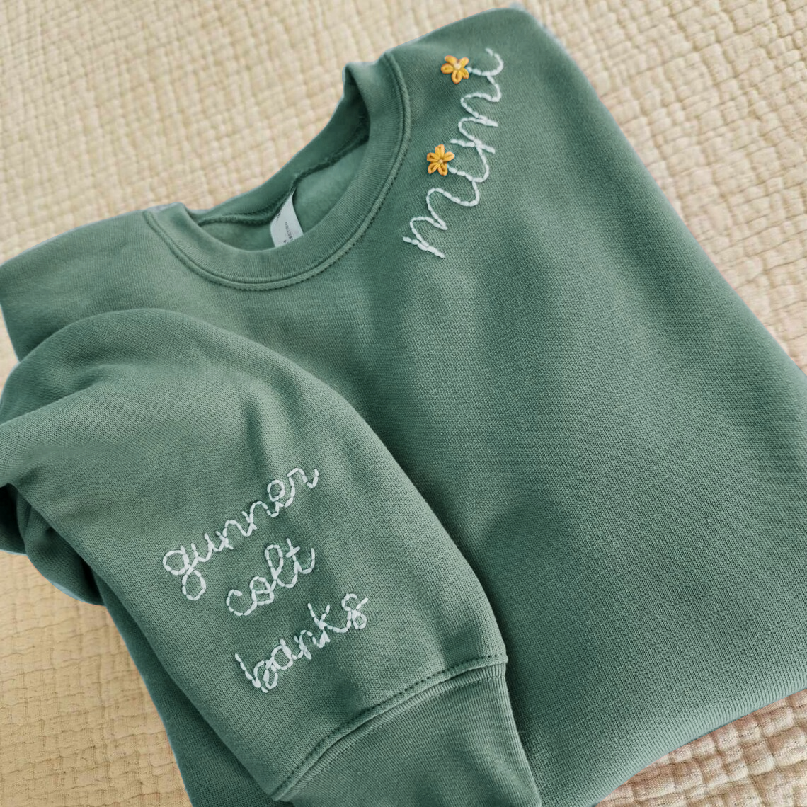Custom Hand Embroidered Mimi With Grandkids Name On Sleeve Sweatshirt, Mother's Day Gift For Mom Mimi Grandma Nana Gigi Gaga