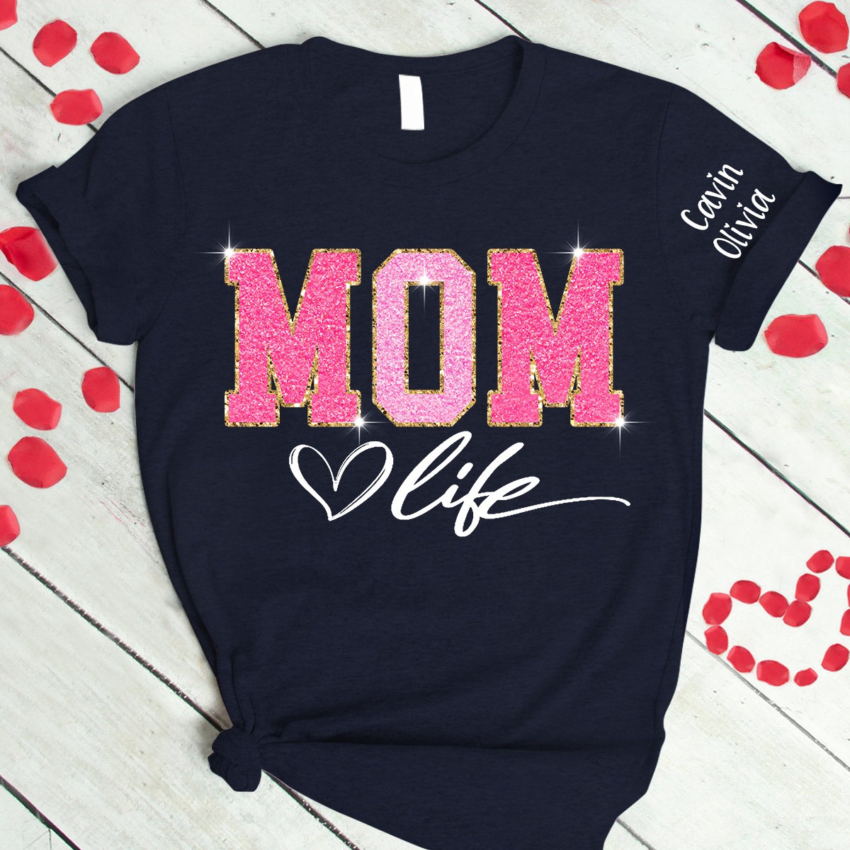 Custom Mom Life Glitter Valentine 2024 T-Shirt