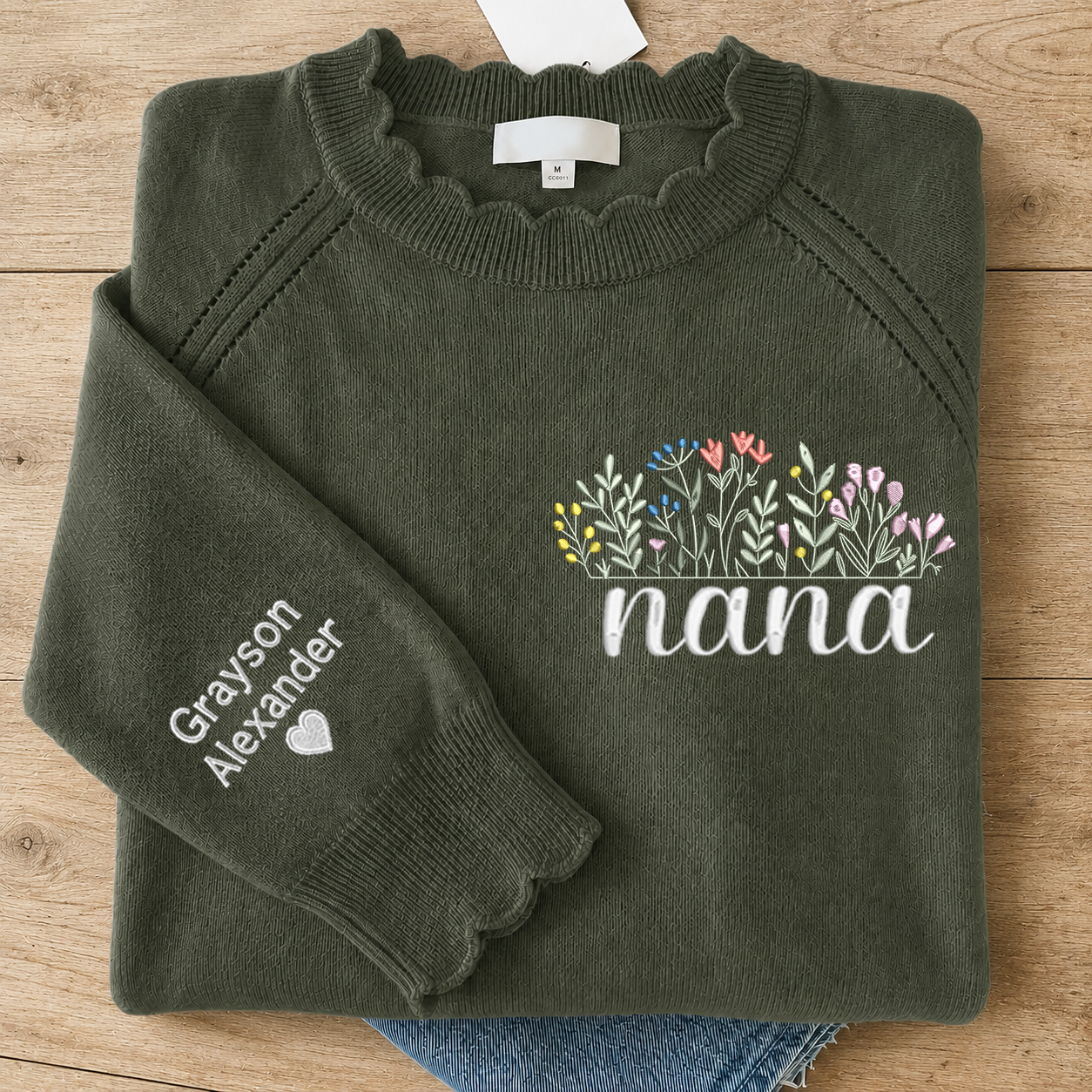 Embroidered Nana Wildflower Knit Sweater, Personalized Puff Sleeve Crewneck, Custom Sleeve Personalization, Nana Gift