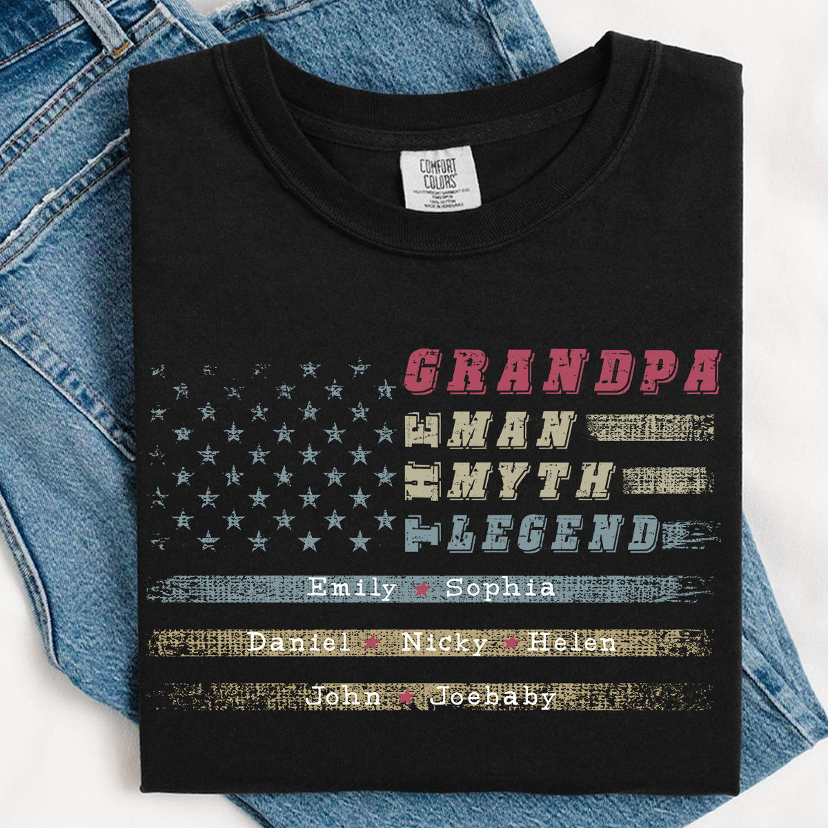 Grandpa The Man The Myth The Legend Shirt - Custom Comfort Colors Tee with Grandkids Names - Father's Day Gift