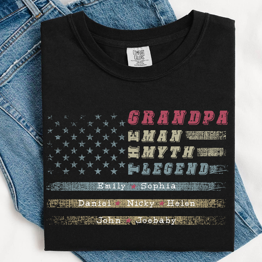 Grandpa The Man The Myth The Legend Shirt - Custom Comfort Colors Tee with Grandkids Names - Father's Day Gift