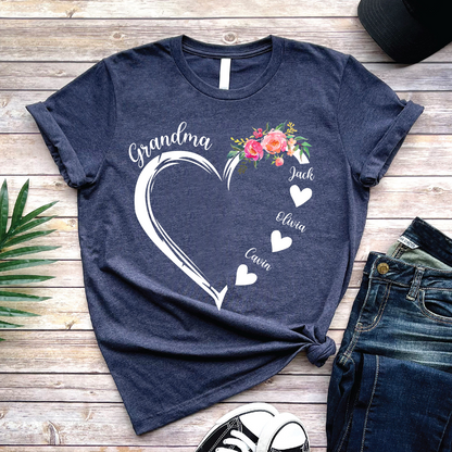 Custom Grandma Flower Shirt, Grandma Heart Shirt, Nana Shirt With Grandkids Name, Gift For Grandma, Mother's Day Shirt