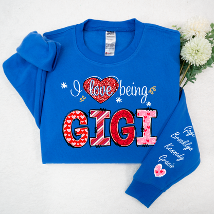 I Love Being Gigi Heart With Grandkids Names On Sleeve Sweatshirt, Personalized Mother's Day Gift