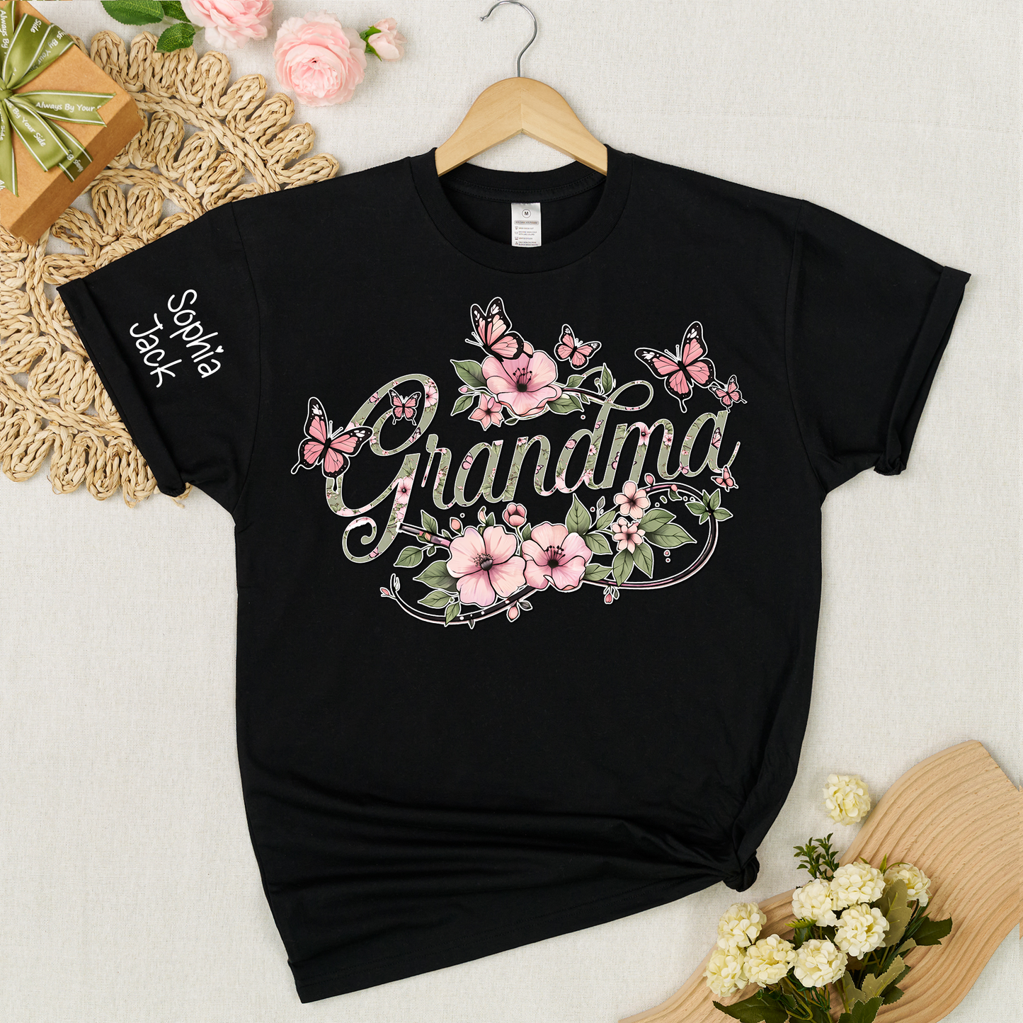 Personalized Floral Grandma Shirt with Custom Name - Custom Butterfly Floral T-shirt for Grandmother Gift