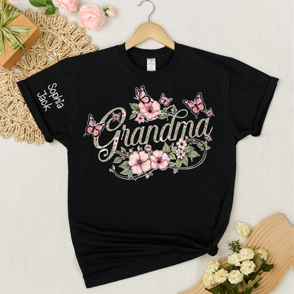 Personalized Floral Grandma Shirt with Custom Name - Custom Butterfly Floral T-shirt for Grandmother Gift