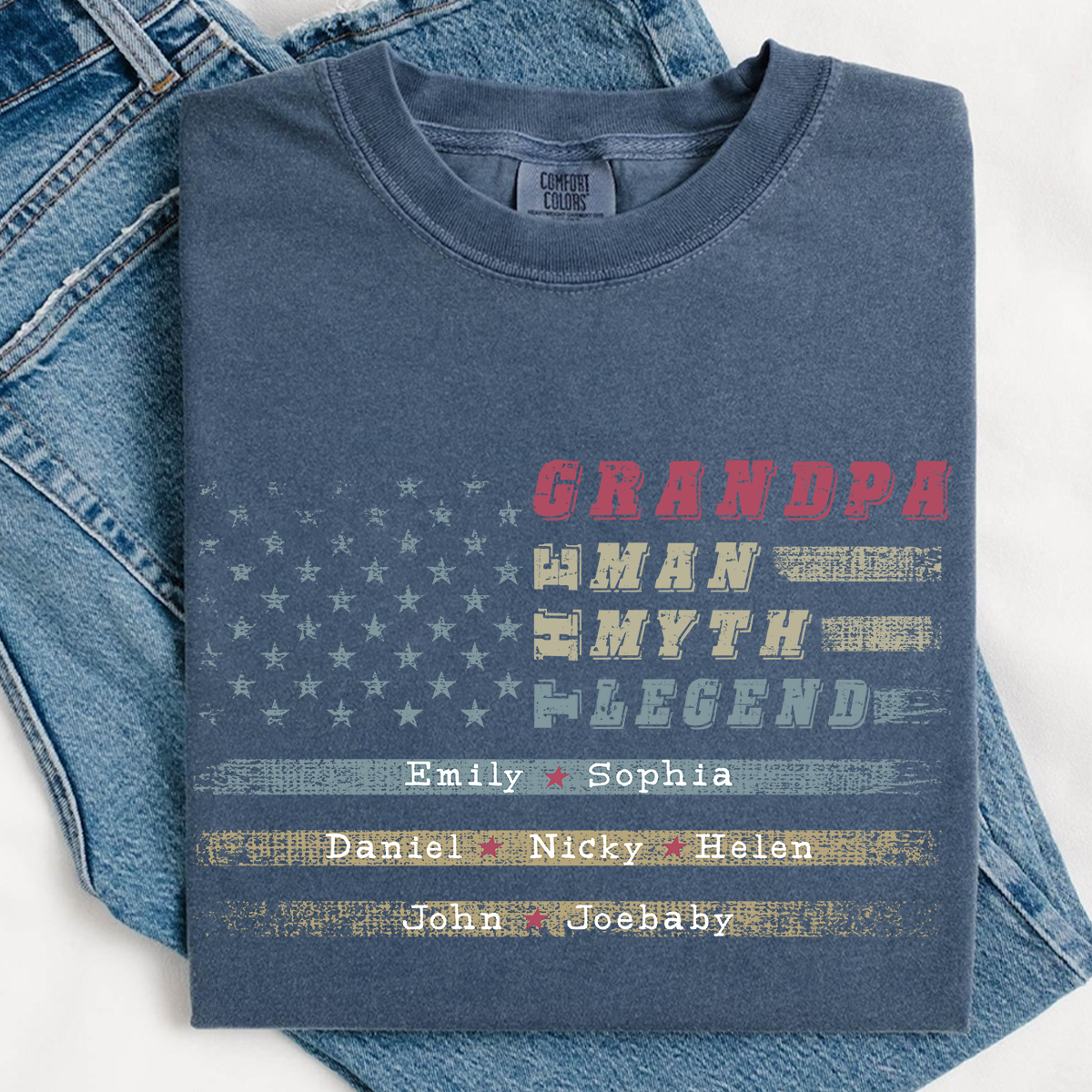 Grandpa The Man The Myth The Legend Shirt - Custom Comfort Colors Tee with Grandkids Names - Father's Day Gift