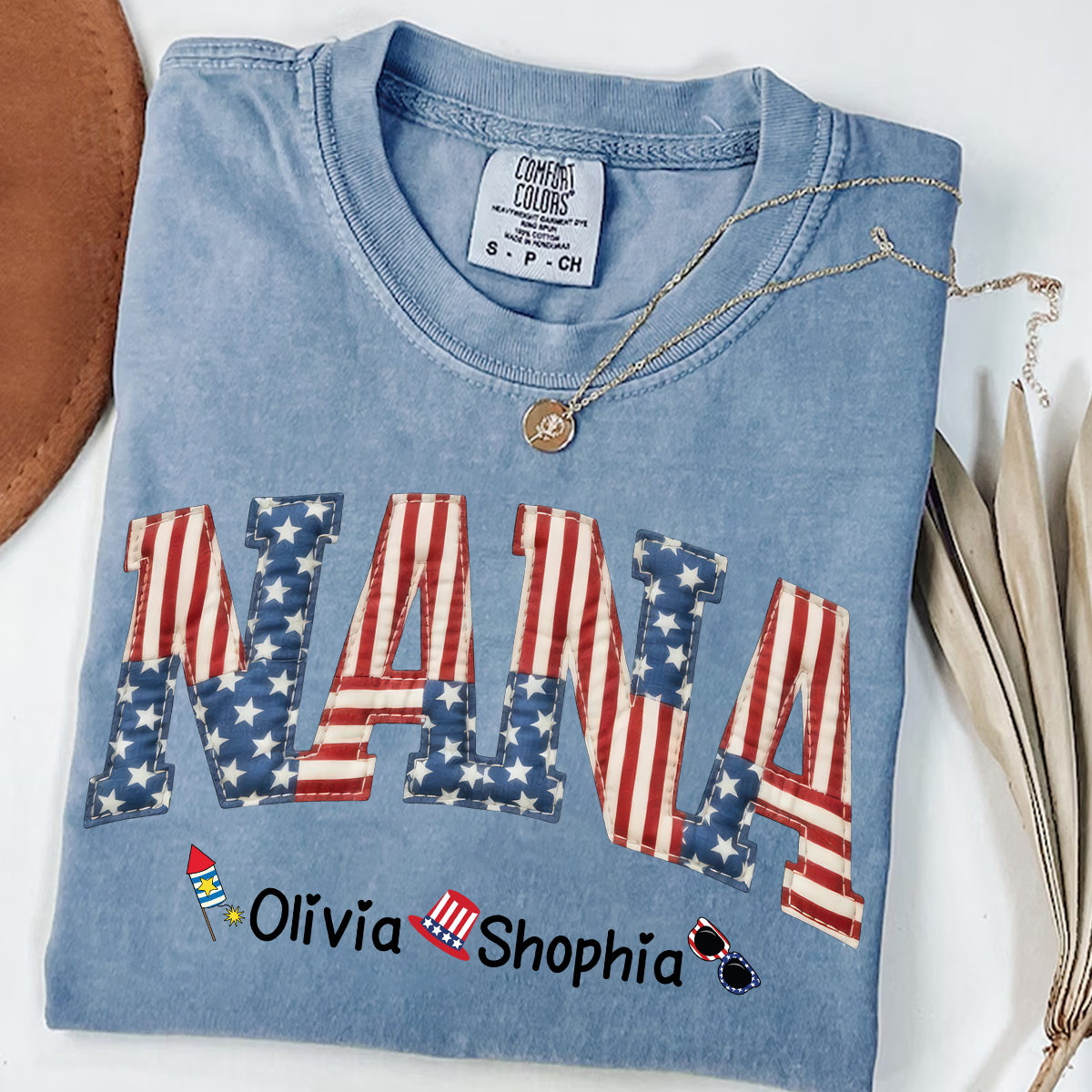 Comfort Colors Personalized Nana T-Shirt with American Flag Design – Custom 4th of July Gift for Nana with Grandkids Names