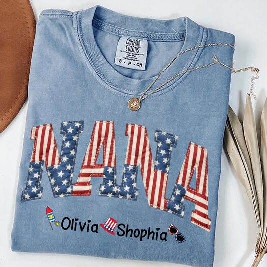 Comfort Colors Personalized Nana T-Shirt with American Flag Design – Custom 4th of July Gift for Nana with Grandkids Names