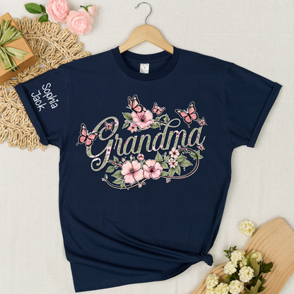 Personalized Floral Grandma Shirt with Custom Name - Custom Butterfly Floral T-shirt for Grandmother Gift