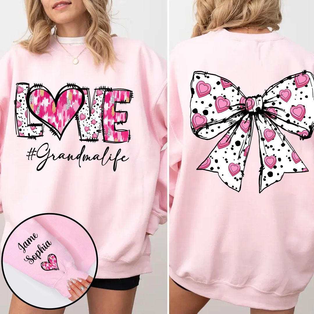 Custom LOVE Grandma Sweatshirt with Pink Heart Bow Design - Personalized with Grandkids' Names - Thoughtful Gift for Grandmothers
