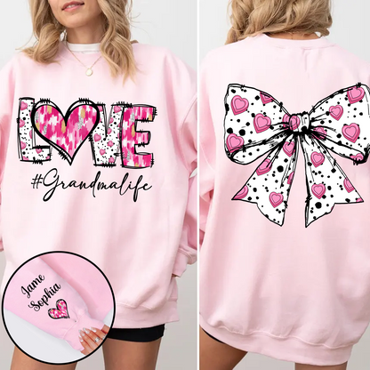 Custom LOVE Grandma Sweatshirt with Pink Heart Bow Design - Personalized with Grandkids' Names - Thoughtful Gift for Grandmothers
