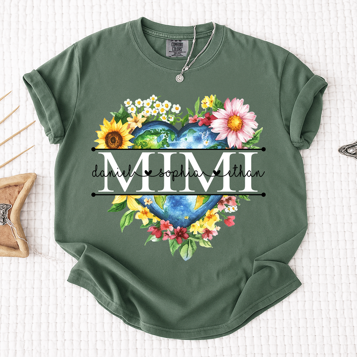 Comfort Colors Custom Mimi Heart Shaped Earth Shirt, Floral Heart Graphic with Grandkids Names, Family Love Tee