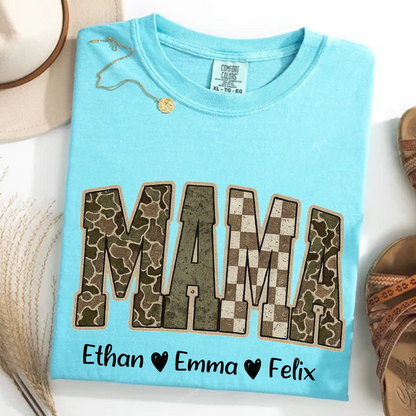 Personalized Camo Mama Shirt - Hunting Style Tee with Custom Kids Names