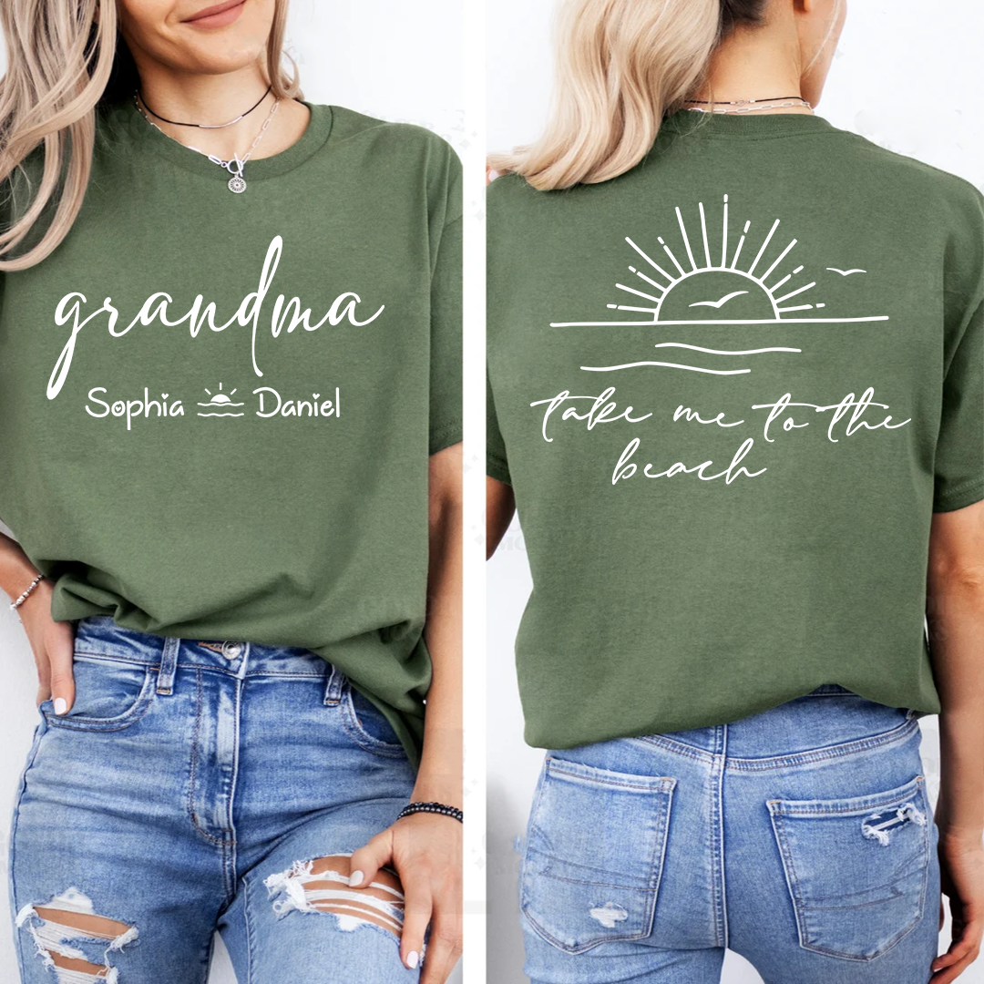 Custom Grandma Shirt with Grandchildren Names, Beach Vacation Back Graphic Tee, Personalized Family Summer Apparel for Women