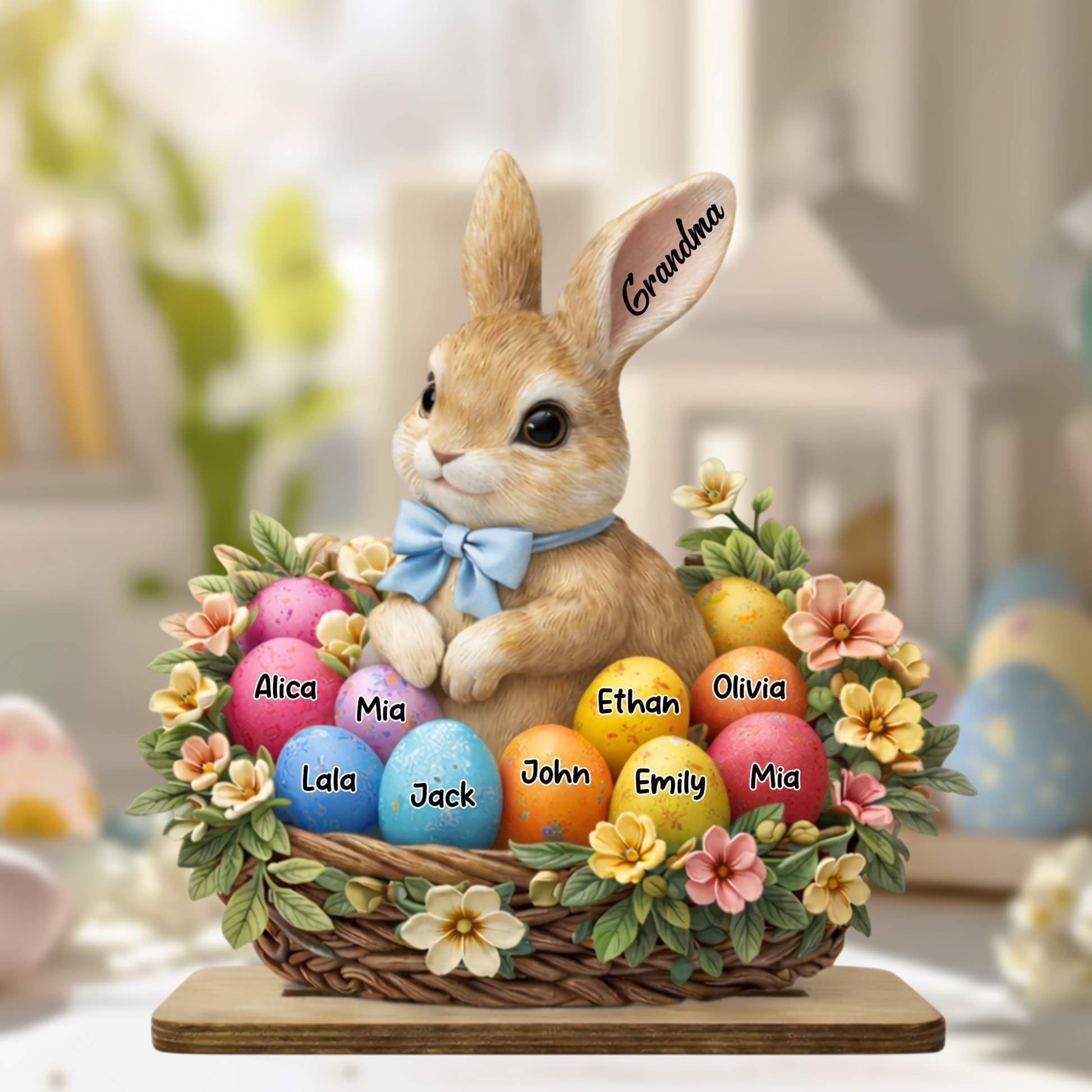 Personalized Easter Bunny Basket Wooden Plaque - Custom Grandkids' Names, "Grandma" Easter Decor with Floral and Egg Design