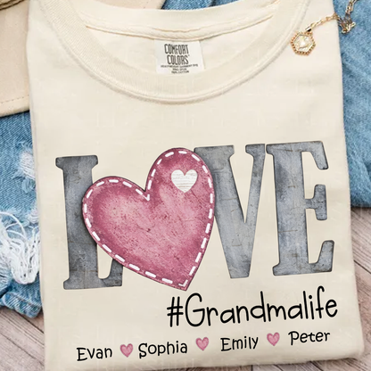 Comfort Colors®'s Personalized Grandma Life T Shirt With Kids Names, Love Heart Graphic Shirt for Nana Mimi Gigi Grandma, Custom Family Name Tee, Soft Casual Everyday Wear