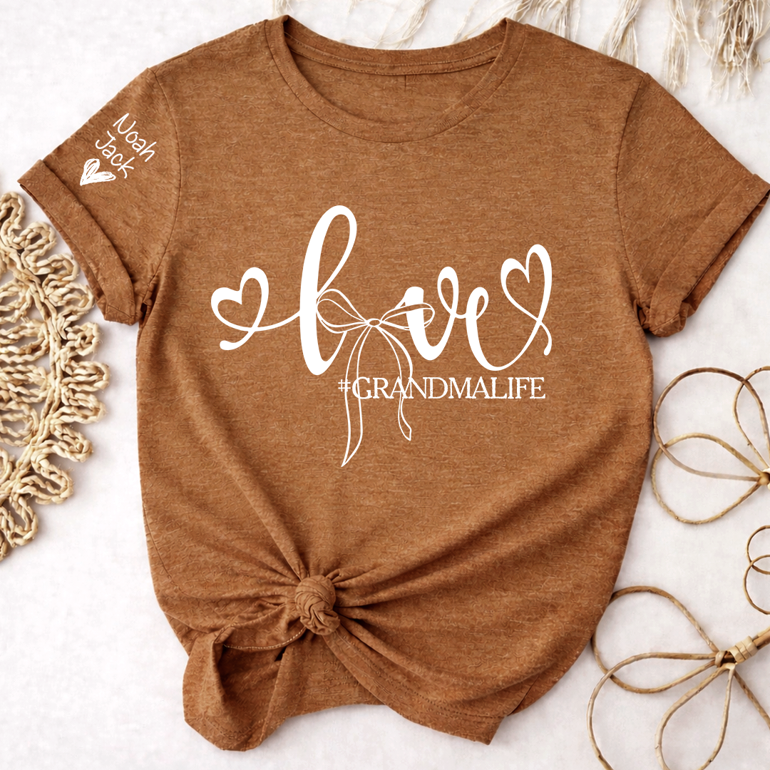 Personalized Grandma Life T-Shirt, Custom Name Graphic Tee with Love and Bow Design