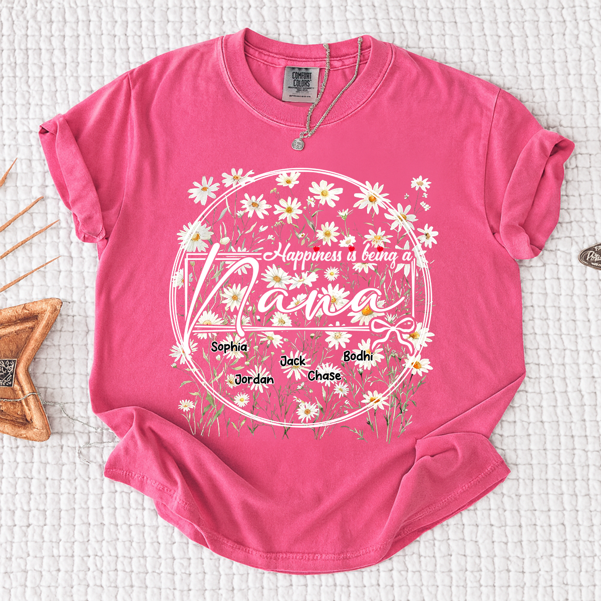 Comfort Colors® Personalized Nana Shirt with Kids' Names, Custom Floral Design, Happiness is Being a Nana