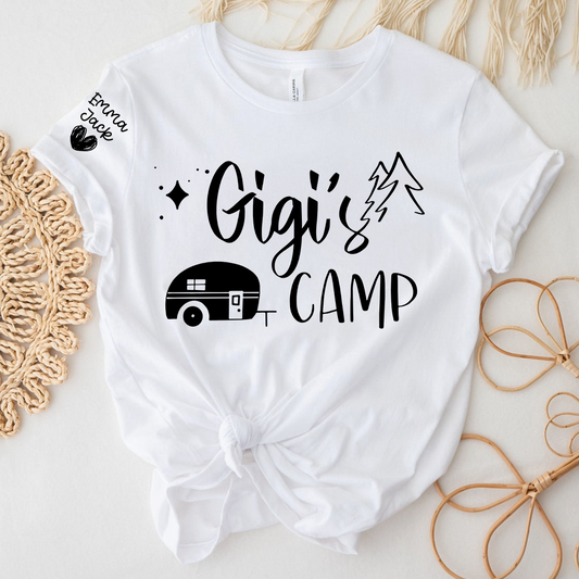 Gigi's Camp Shirt Personalized with Grandkids Names, Funny Camping Grandma Tee, Camper Trailer Graphic T Shirt