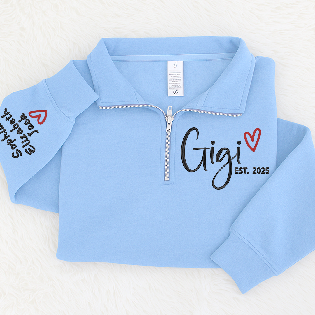 Custom Gigi Heart Embroidered Zip Sweater, Personalized For Grandma with Grandchild Names