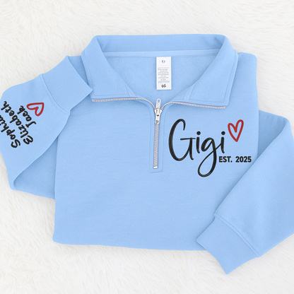 Custom Gigi Heart Embroidered Zip Sweater, Personalized For Grandma with Grandchild Names