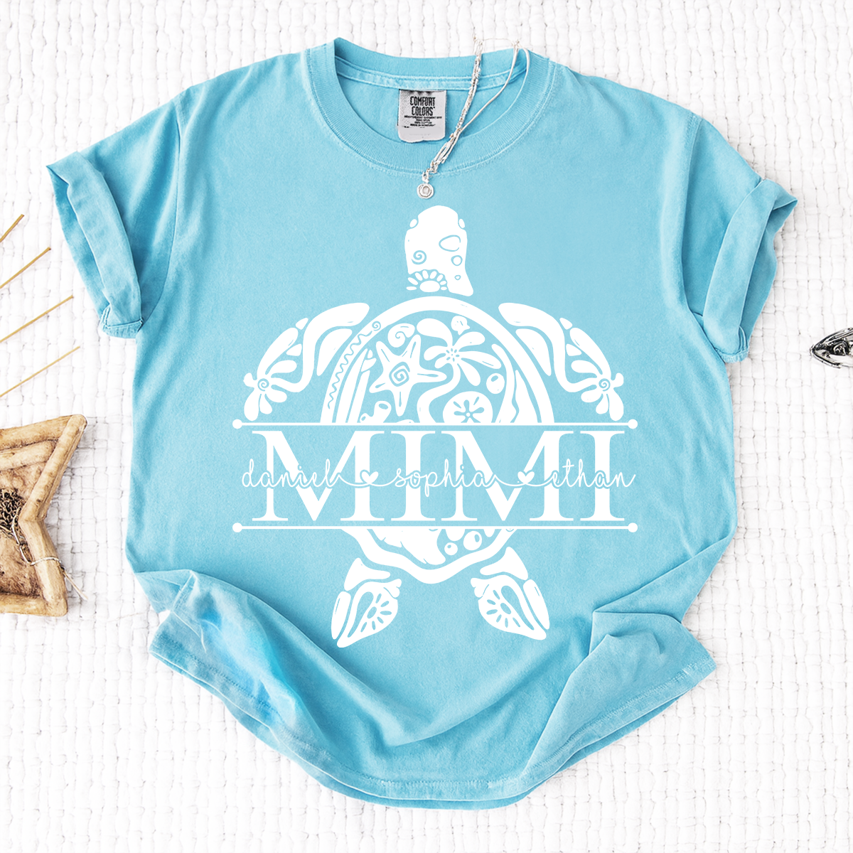 Personalized Mimi Sea Turtle Shirt with Grandkids Names, Coastal Grandma Tee, Custom Turtle Beach T Shirt, Gift for Mimi from Grandchildren