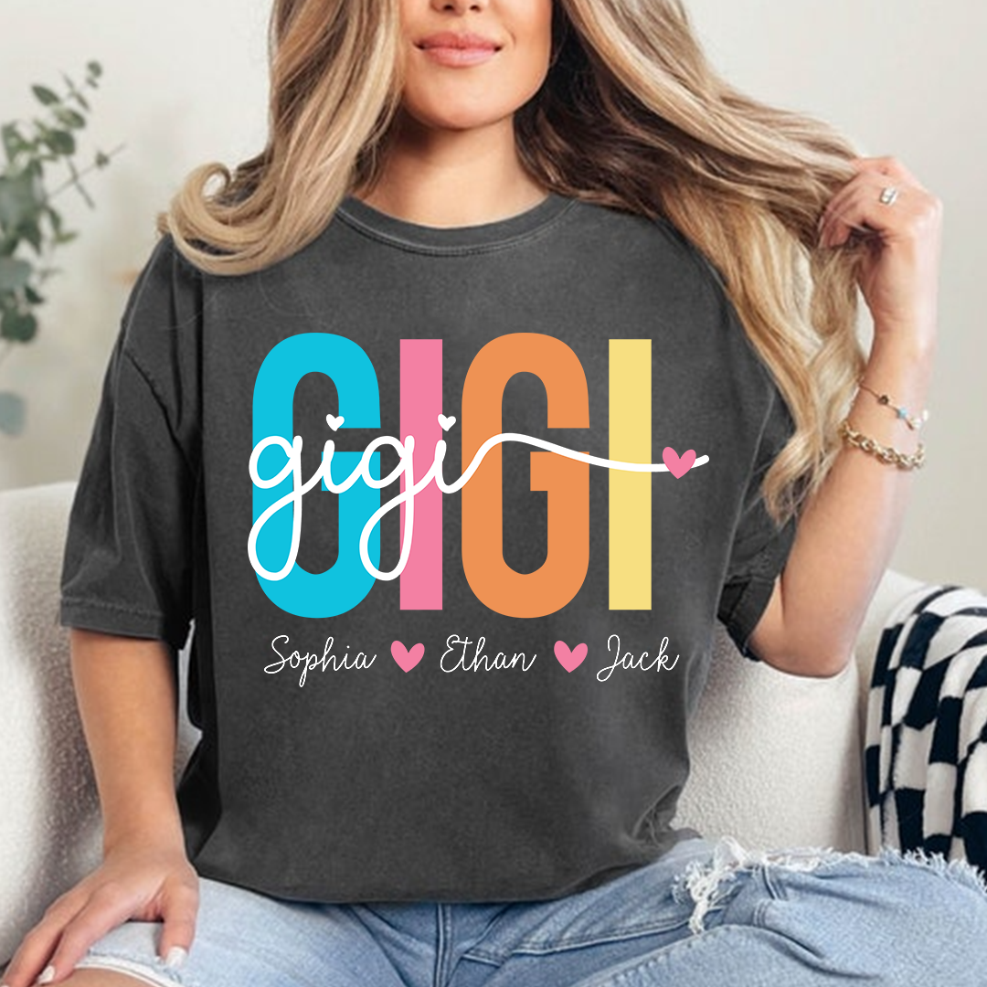 Personalized Gigi Shirt with Grandkids Names, Colorful GIGI Graphic Tee, Custom Grandma T Shirt, Family Gift for Gigi from Grandchildren