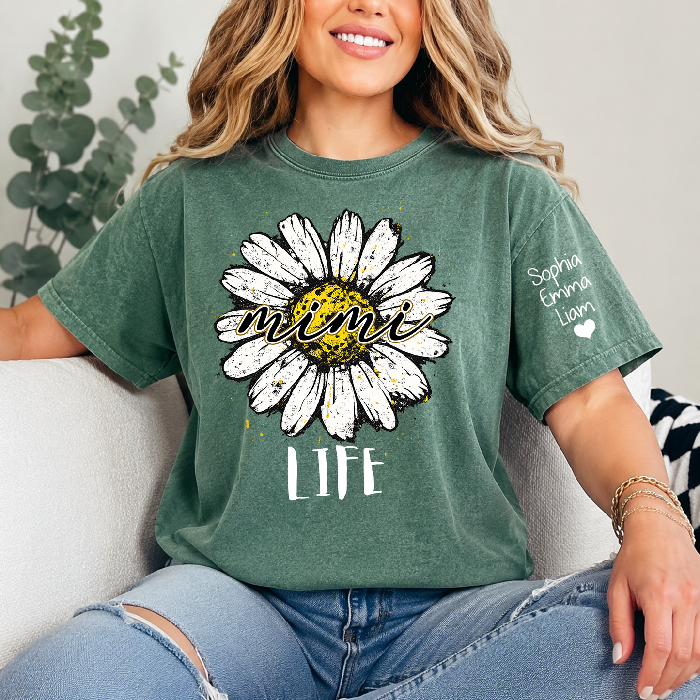 Personalized Mimi Life Daisy Shirt, Custom Grandma T-Shirt with Kids Names on Sleeve, Floral Family Name Tee Gift for Grandma, Nana Shirt