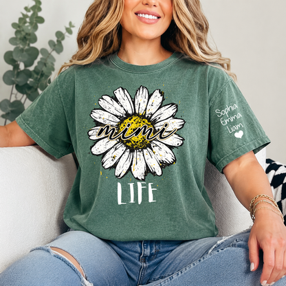 Personalized Mimi Life Daisy Shirt, Custom Grandma T-Shirt with Kids Names on Sleeve, Floral Family Name Tee Gift for Grandma, Nana Shirt