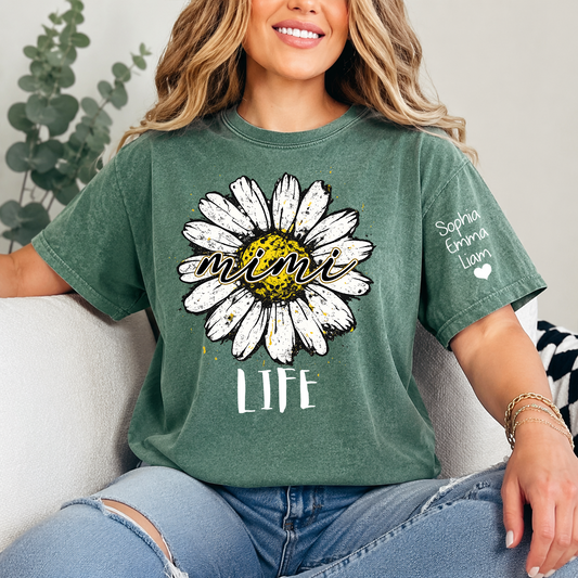 Personalized Mimi Life Daisy Shirt, Custom Grandma T-Shirt with Kids Names on Sleeve, Floral Family Name Tee Gift for Grandma, Nana Shirt