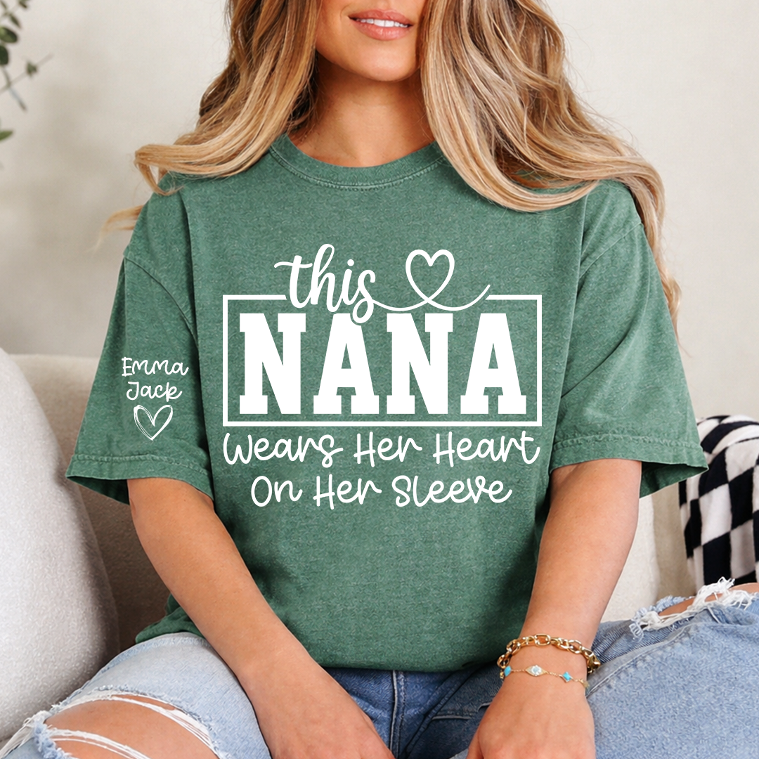 This Grandma Wears Her Heart on Her Sleeve Shirt, Personalized Grandkids Names Family T Shirt