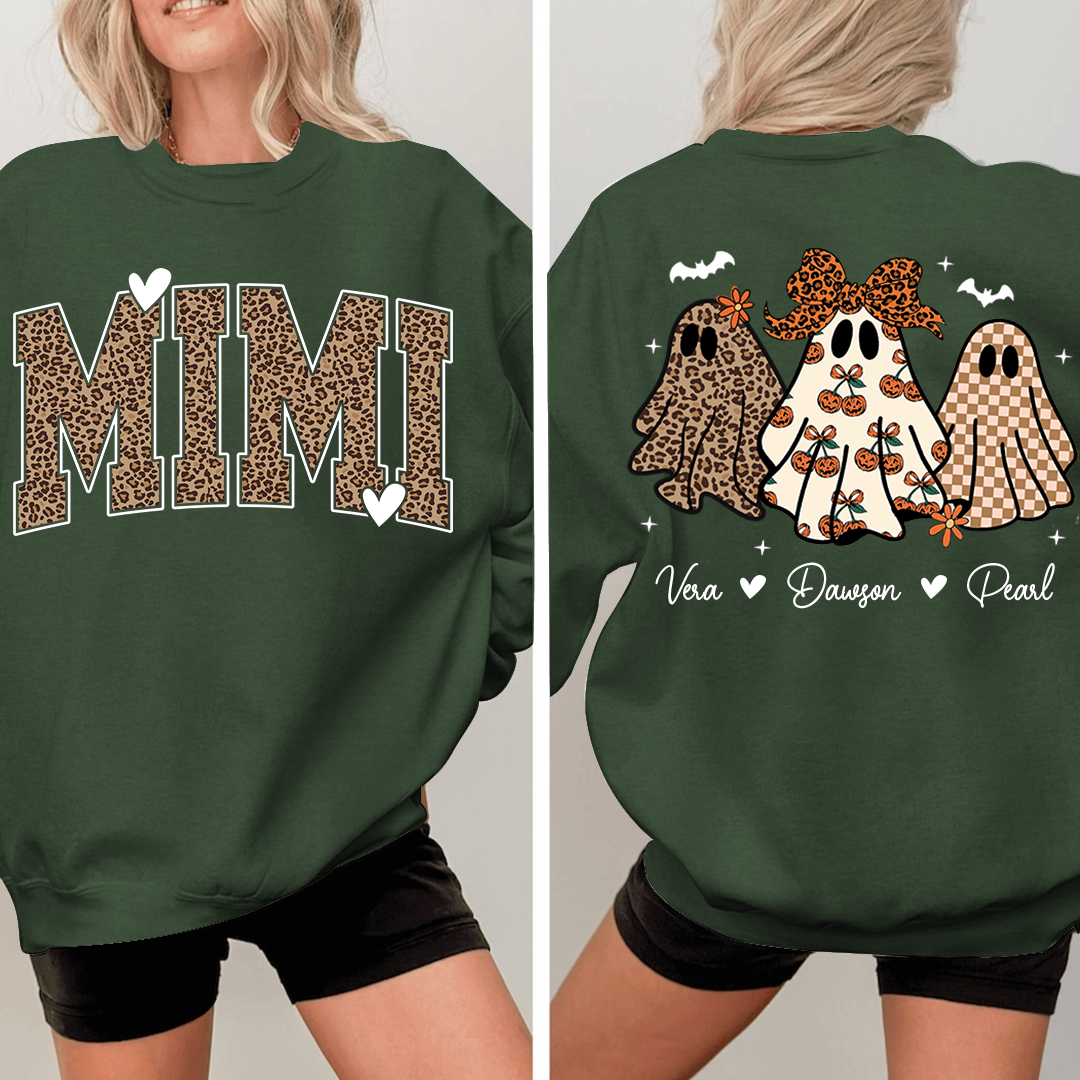 Personalized Mimi Leopard Print Halloween Sweatshirt, Gift for Grandma And Kids
