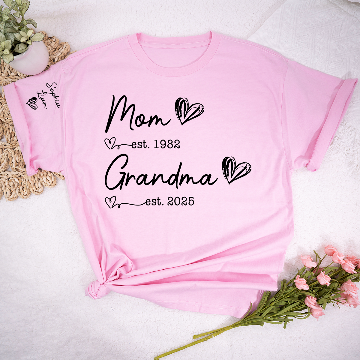 Mom Est Year Grandma Est Year Personalized Shirt, Custom Family Milestone TShirt for Mom and Grandma, Meaningful Family Memory Clothing