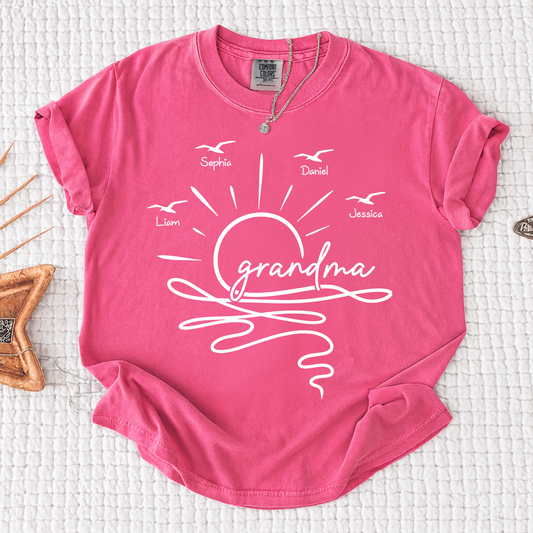 Comfort Colors Personalized Grandma Sunset Shirt, Custom Grandkids Names T Shirt, Beach Grandma Gift for Nana Mimi Gigi Women