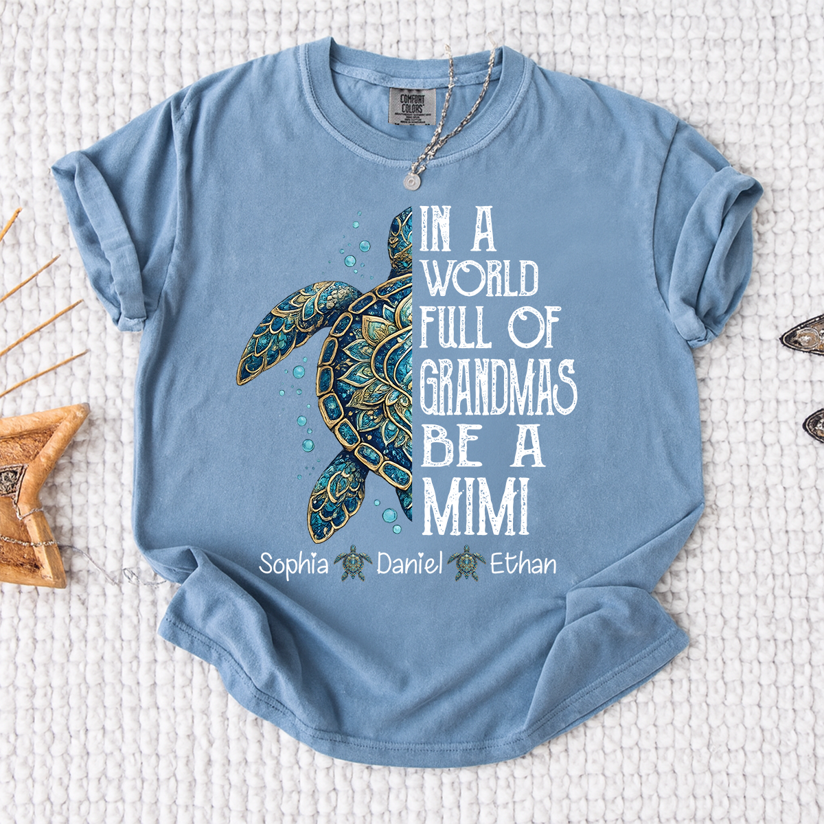 Comfort Colors Personalized Mimi Turtle Shirt, In A World Full Of Grandmas Be A Mimi Tee, Custom Grandkids Names Gift for Grandma