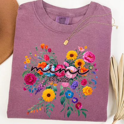 Comfort Colors® Mimi Bow Flower Est T-Shirt, Custom Grandma With Grandkids Shirt