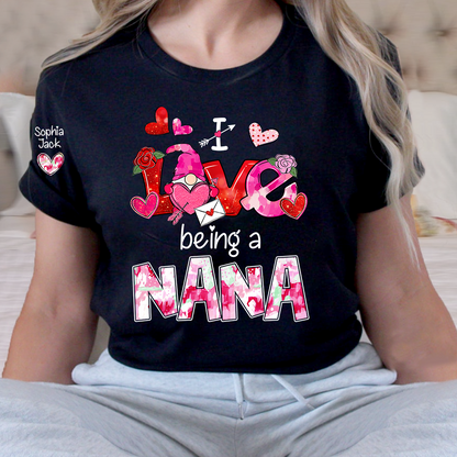 Personalized I Love Being A Nana Valentine T-shirt, Cute Bow and Strawberry Design for Grandma and Kids