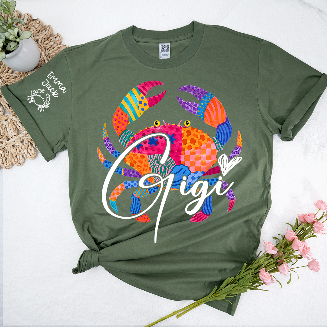 Personalized Coastal Grandma Shirt, Custom Grandkids Names Tee, Colorful Crab Beach Design, Gift for Grandma from Family