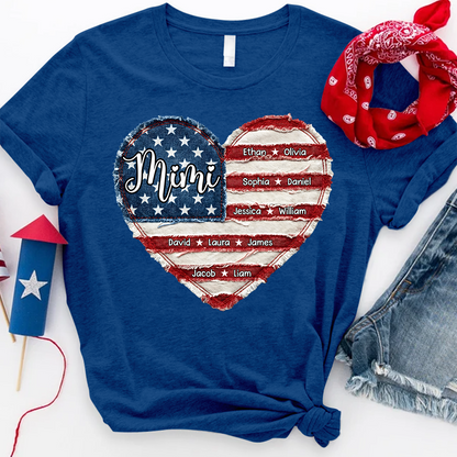 Personalized Mimi Shirt, Custom Family Names T Shirt, American Flag Heart Design, Patriotic Gift for Mimi
