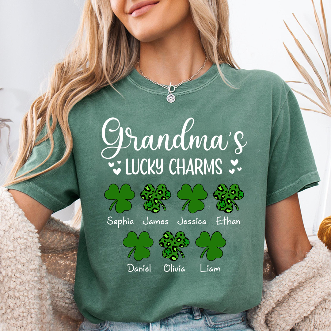Grandma’s Lucky Charms Shirt, Personalized Grandma T Shirt with Grandkids Names, St Patrick’s Day Shamrock Family Tee for Grandma
