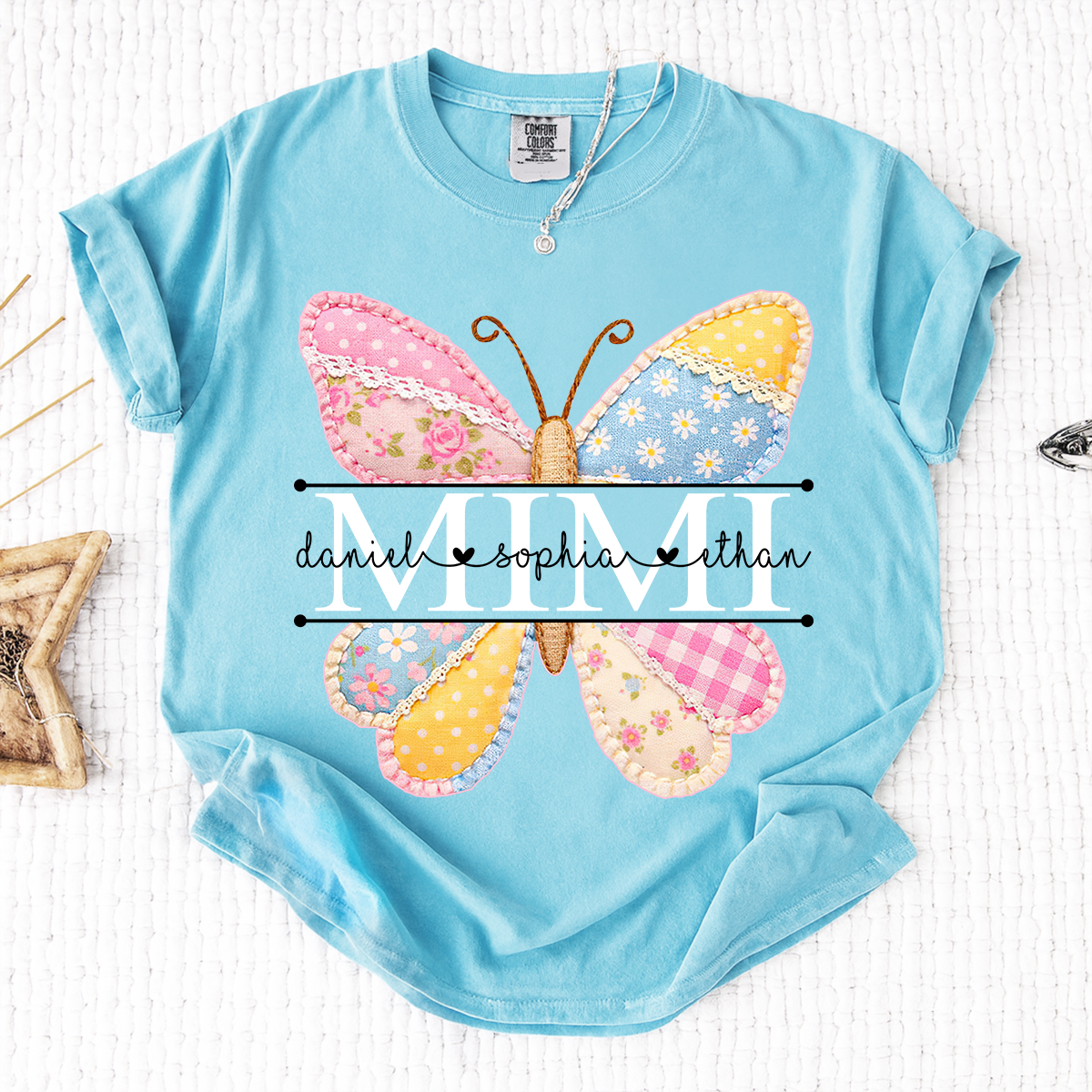 Comfort Colors Vibrant Mimi Shirt with Pink and Yellow Butterfly Patchwork, Custom Grandkids Names