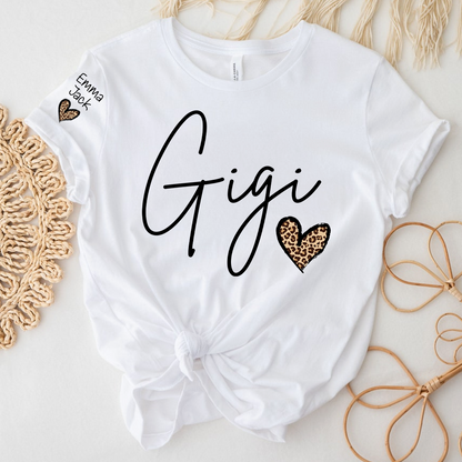 Gigi Shirt for Grandma, Personalized Custom Name Tee with Leopard Print Heart Design