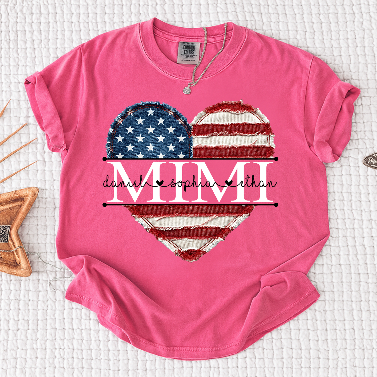 Comfort Colors Mimi Shirt with USA Flag Heart, Personalized with Kids Names, Custom Grandmother T Shirt, Ideal for Mother's Day, Patriotic Gift