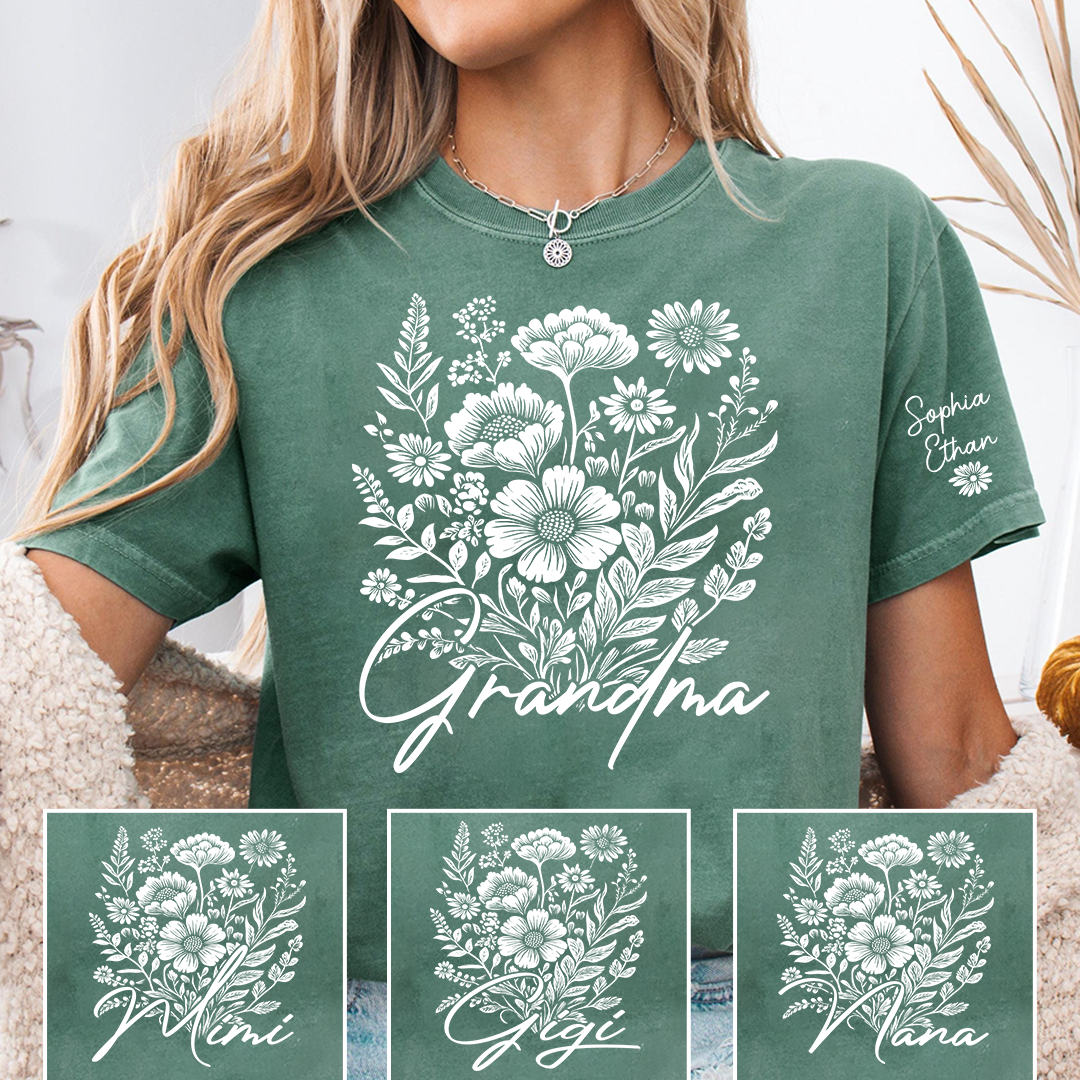 Grandma Floral Line Art Shirt, Minimalist Flower Grandma Tee, Personalized Grandma Gift, Elegant Botanical Shirt for Grandma