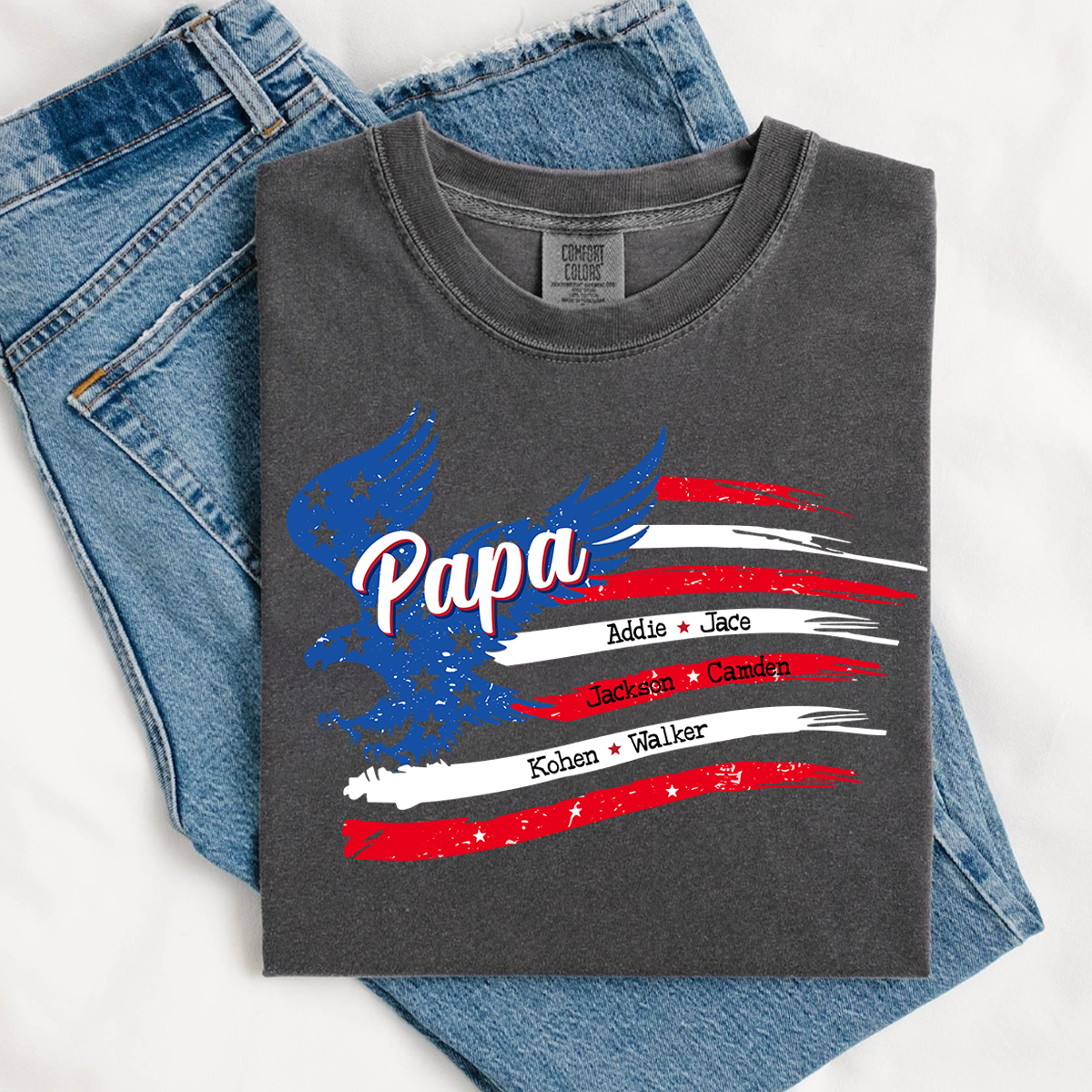 Comfort Colors® Personalized Papa Shirt, Eagle with Grandkids name Hands Flag T-Shirt, Custom Shirt for Fathers Day